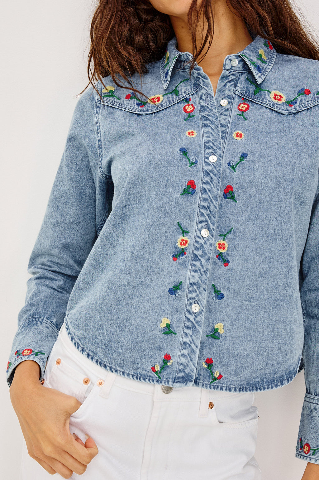 Bari Shirt - Faded Indigo Floral Embroidery