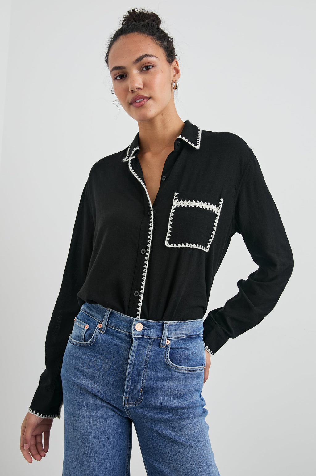 Charli Shirt - Black Blanket Stitch