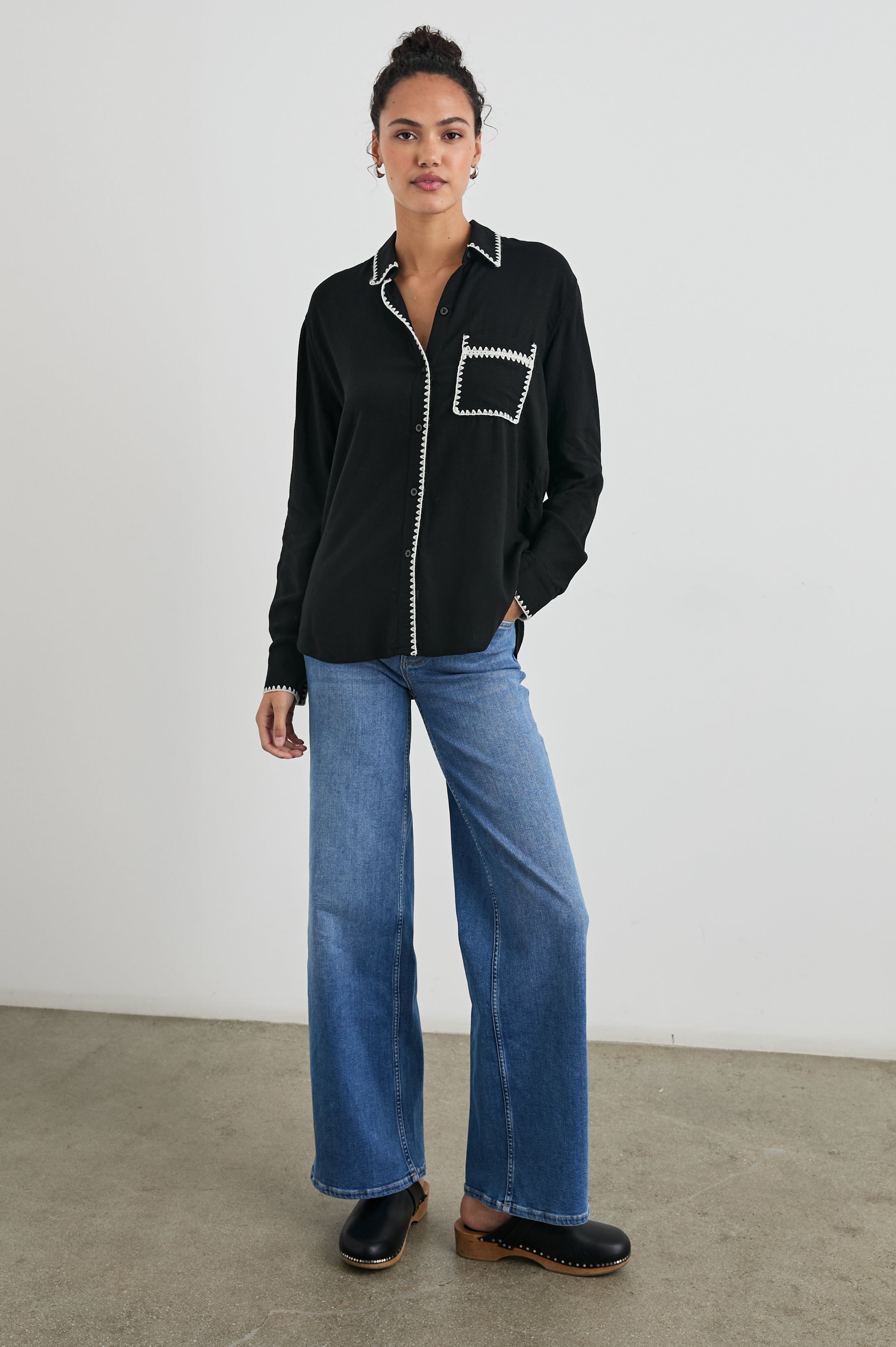 Charli Shirt - Black Blanket Stitch