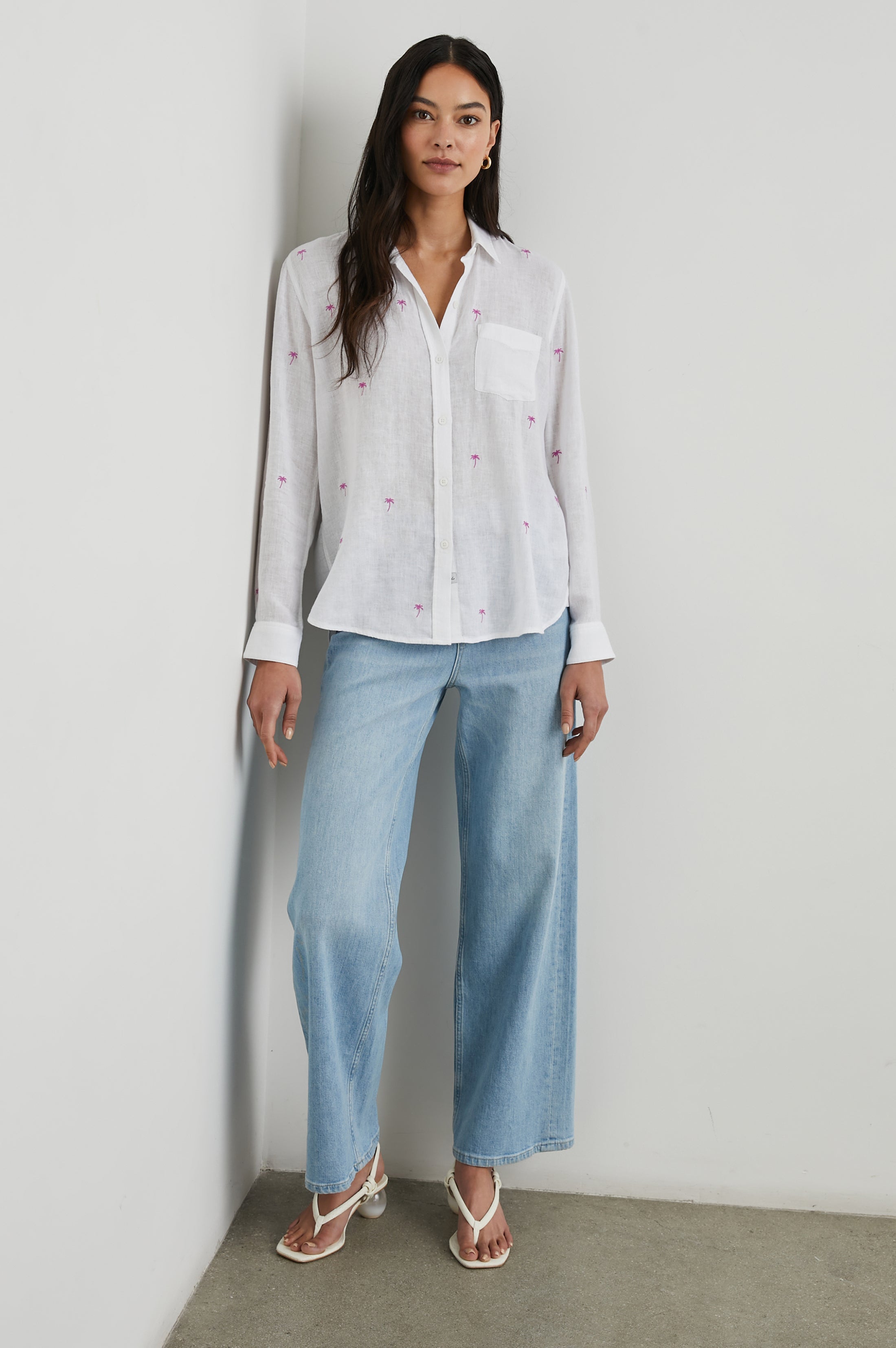 Charli Shirt - Fuchsia Embroidered Palms
