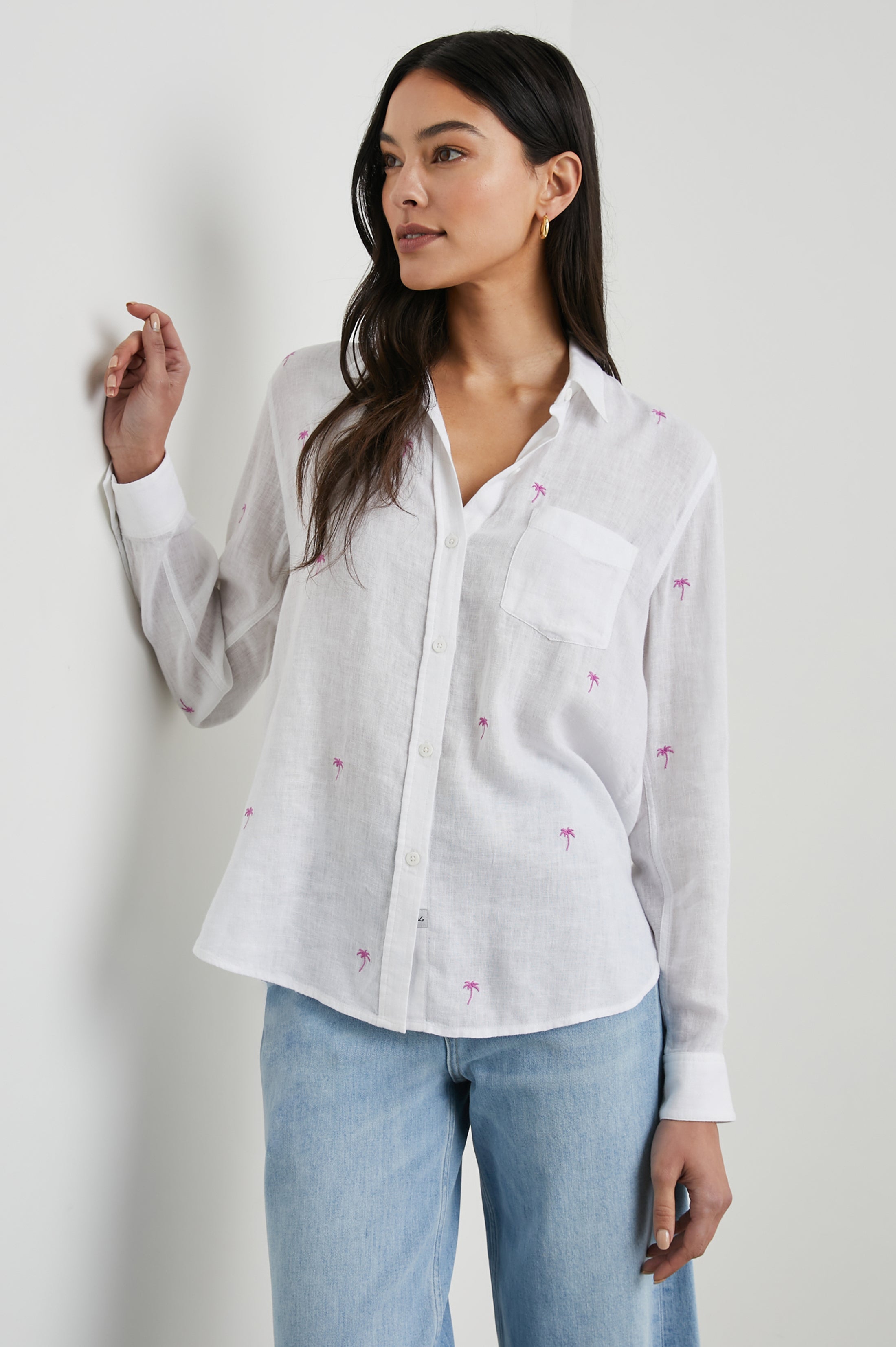 Charli Shirt - Fuchsia Embroidered Palms