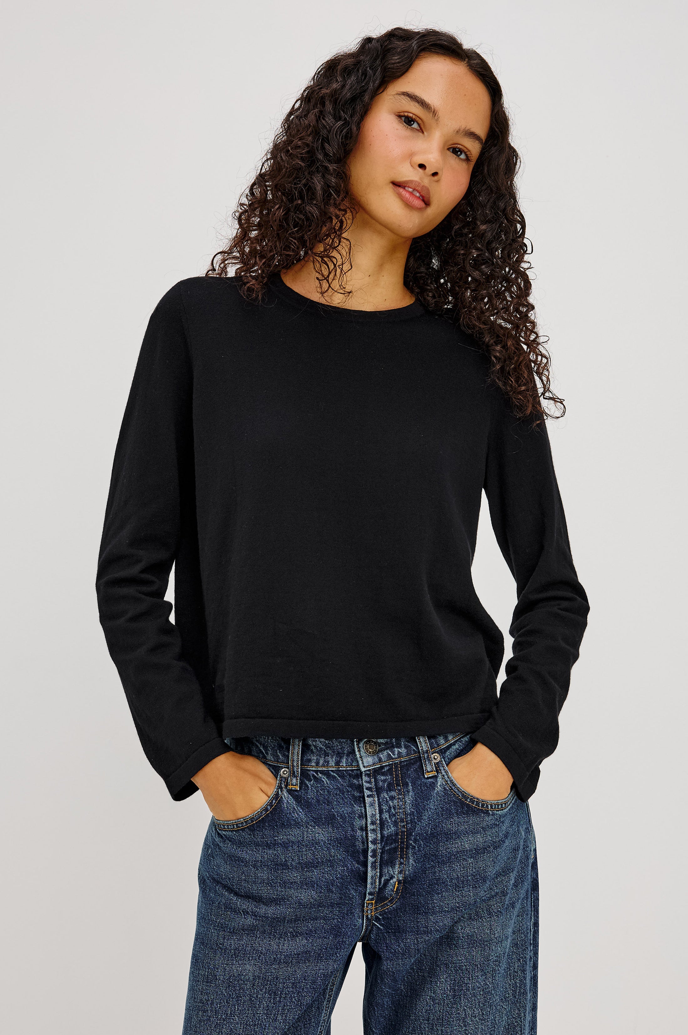 Cotton Cashmere Long Sleeve T-Shirt - Black