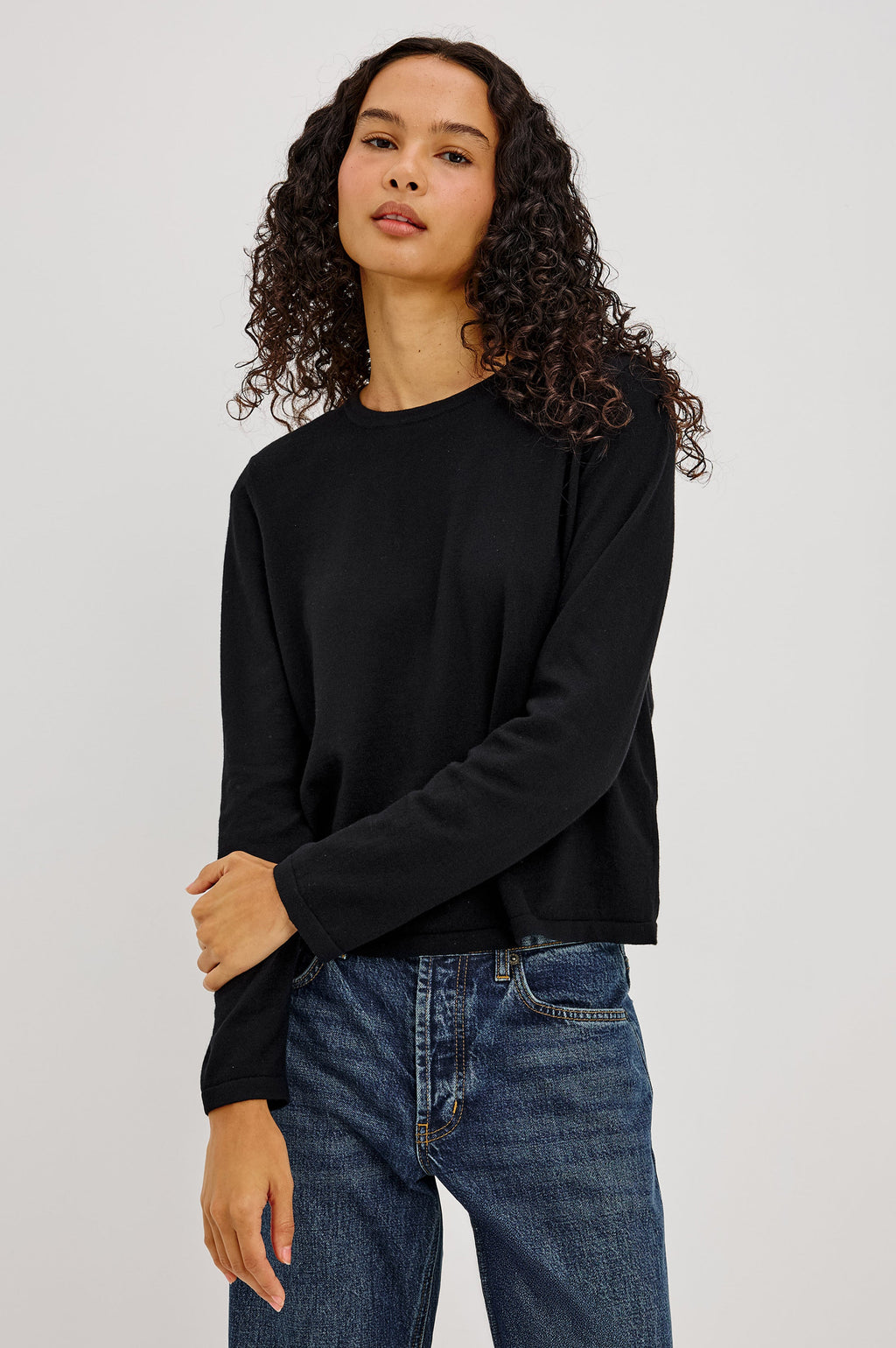 Cotton Cashmere Long Sleeve T-Shirt - Black