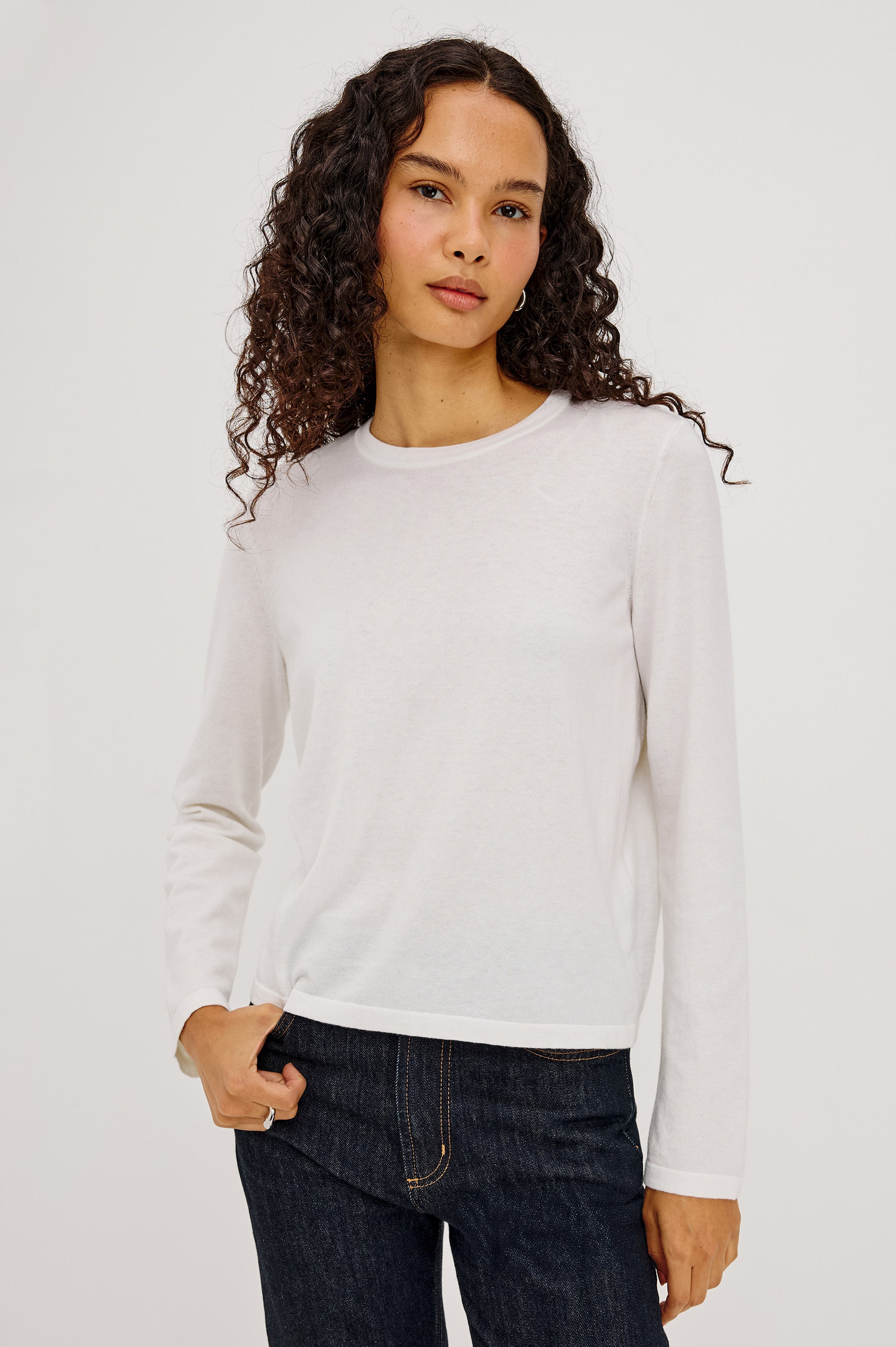 Cotton Cashmere Long Sleeve T-Shirt - White