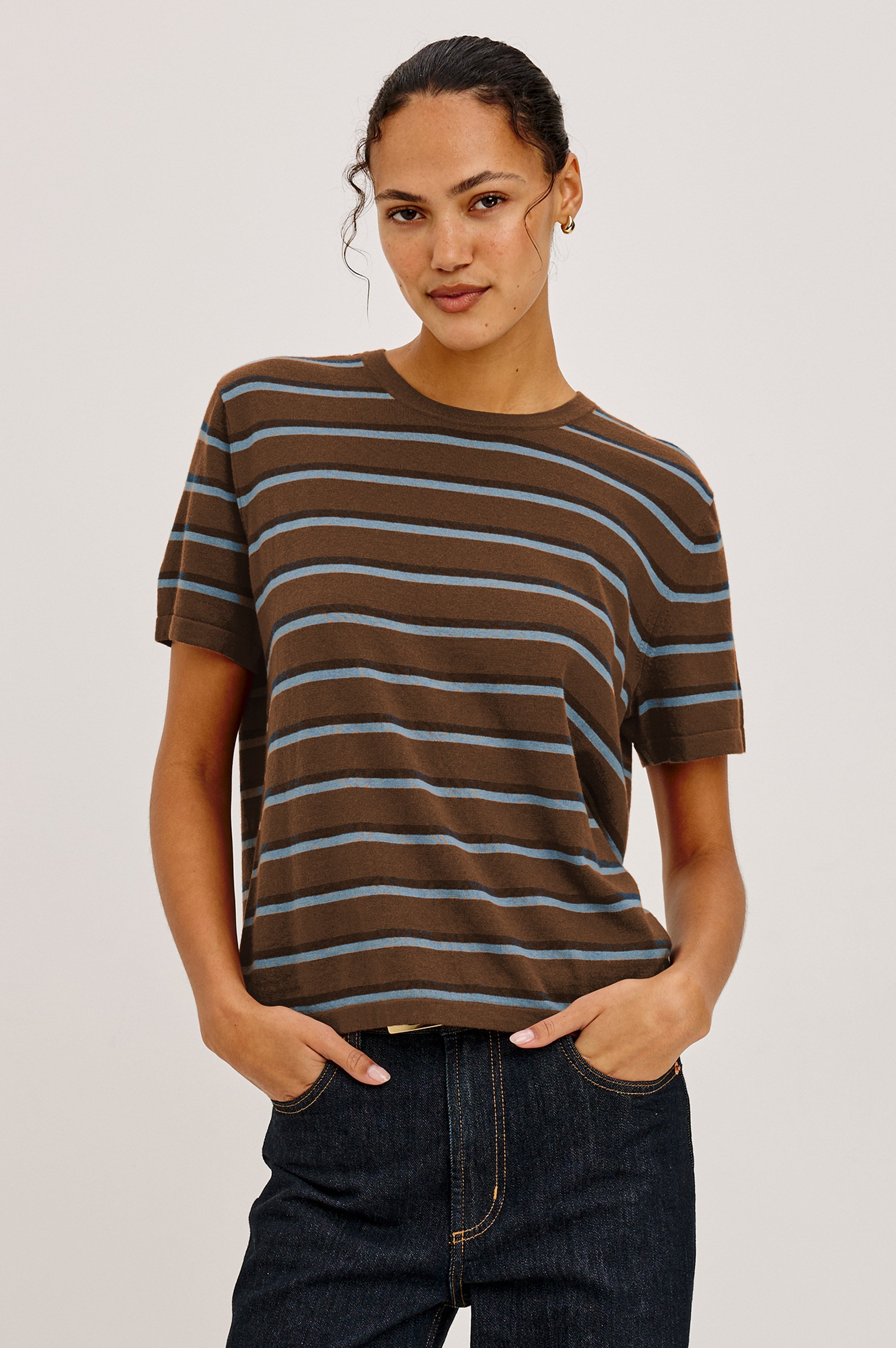 Cotton Cashmere T-Shirt  - Mocha Stripe