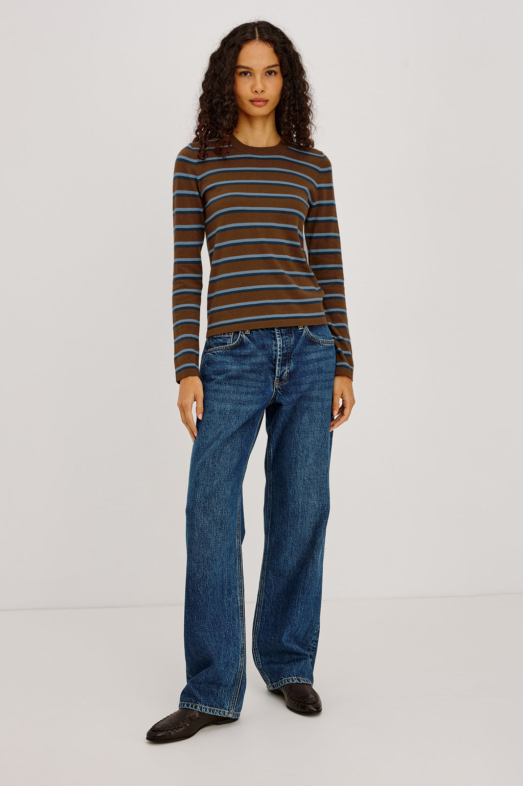 Davie Cotton Cashmere Long Sleeve Tee - Mocha Stripe