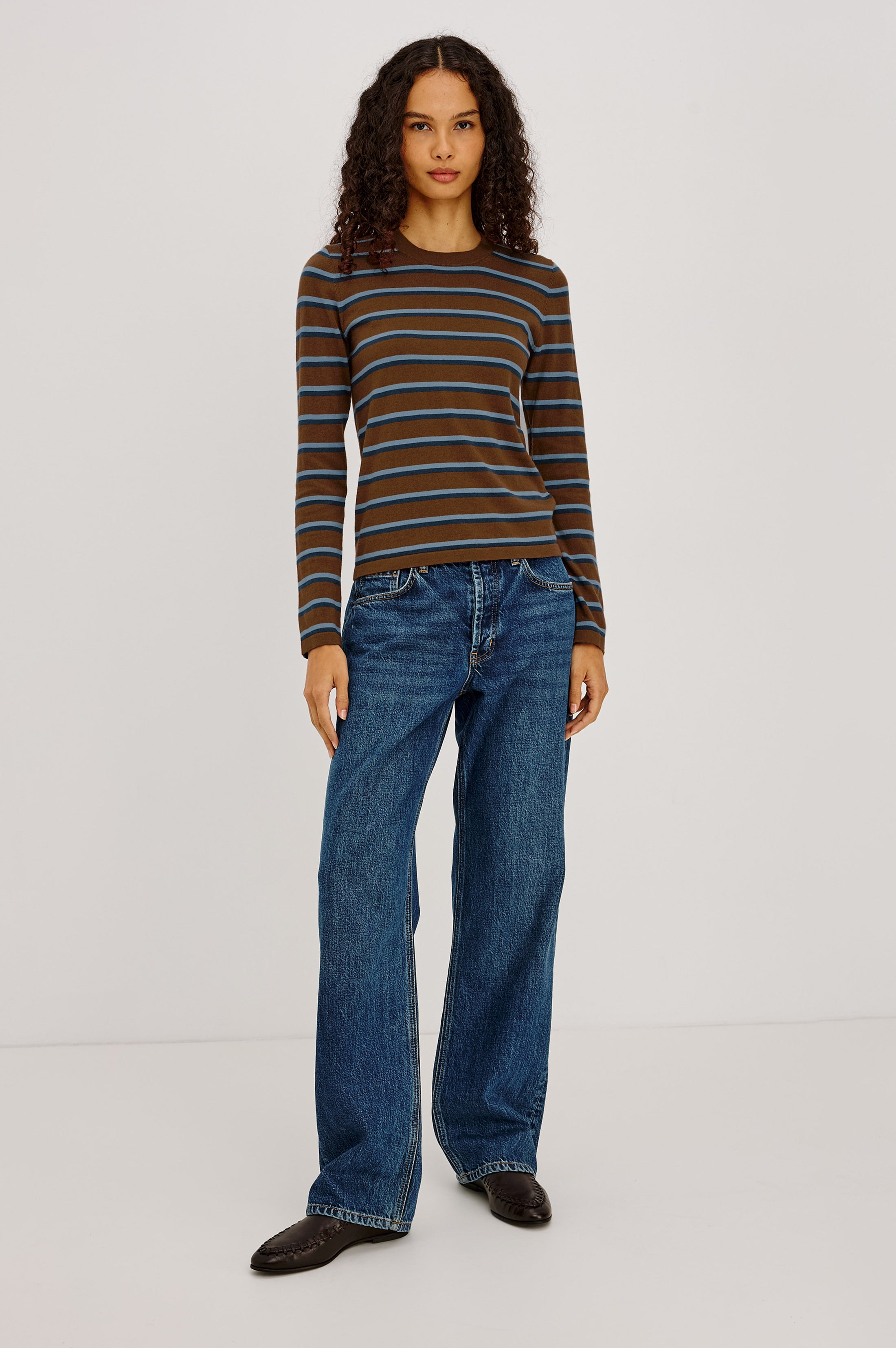 Davie Cotton Cashmere Long Sleeve Tee - Mocha Stripe