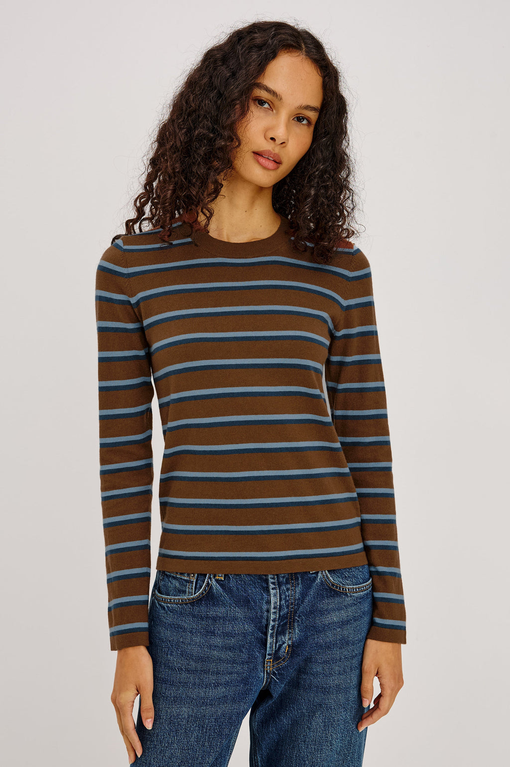 Davie Cotton Cashmere Long Sleeve Tee - Mocha Stripe