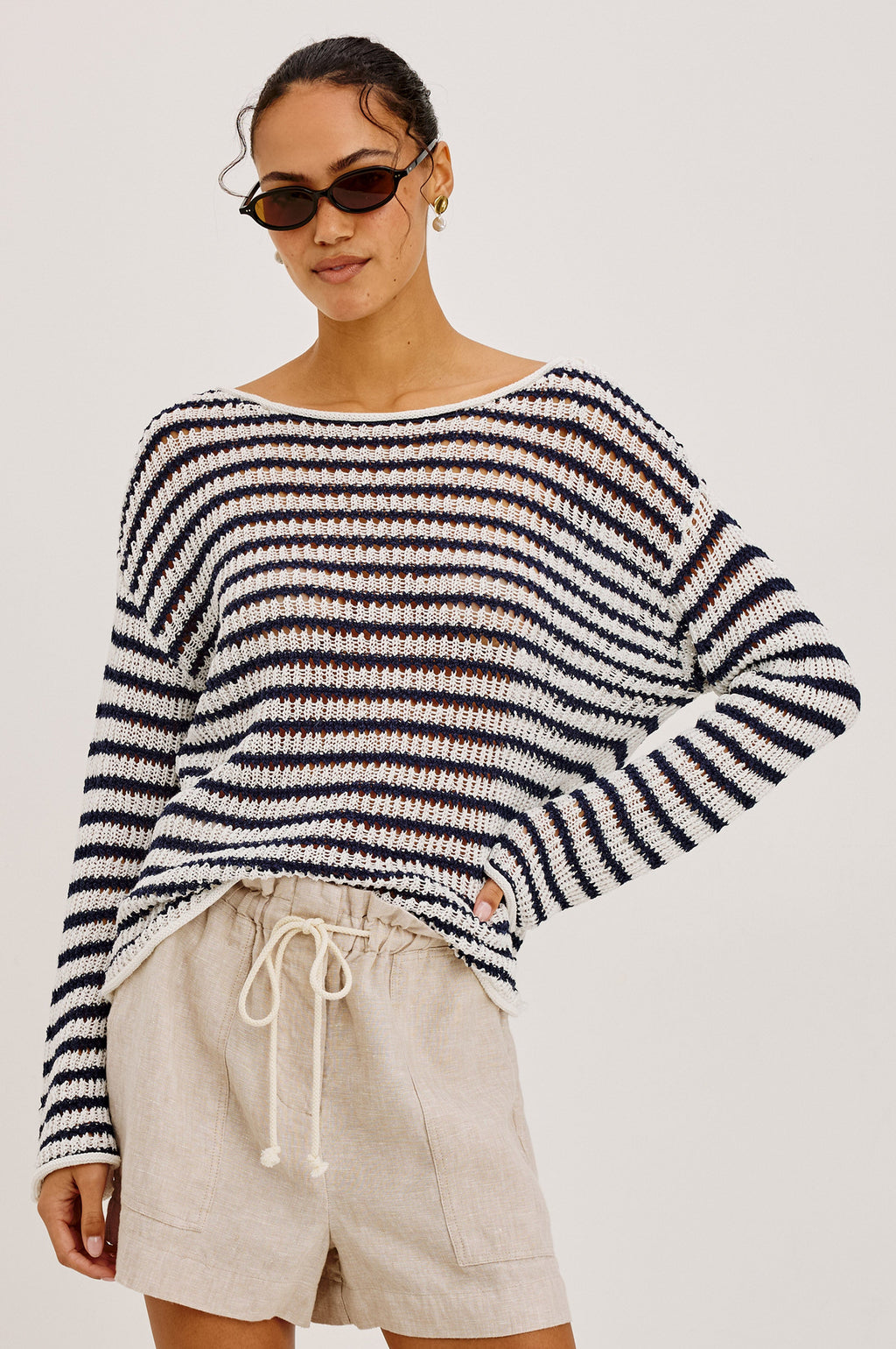 Evangeline Sweater - Ivory Indigo Stripe