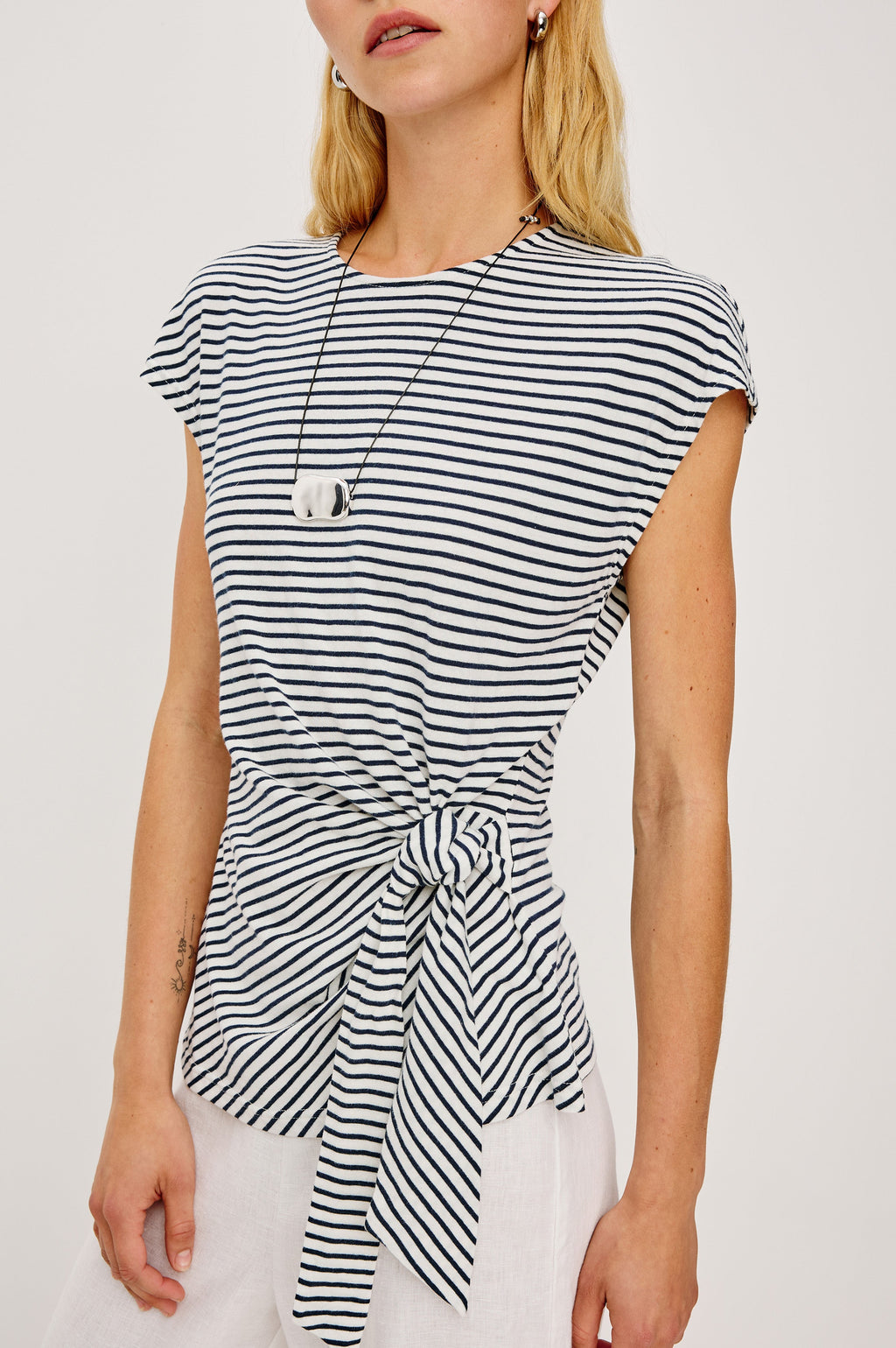 Gabbie Top - Ivory Navy Micro Stripe