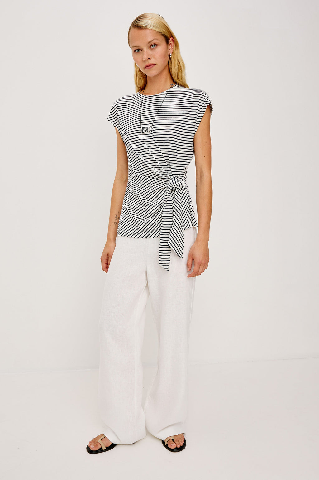 Gabbie Top - Ivory Navy Micro Stripe
