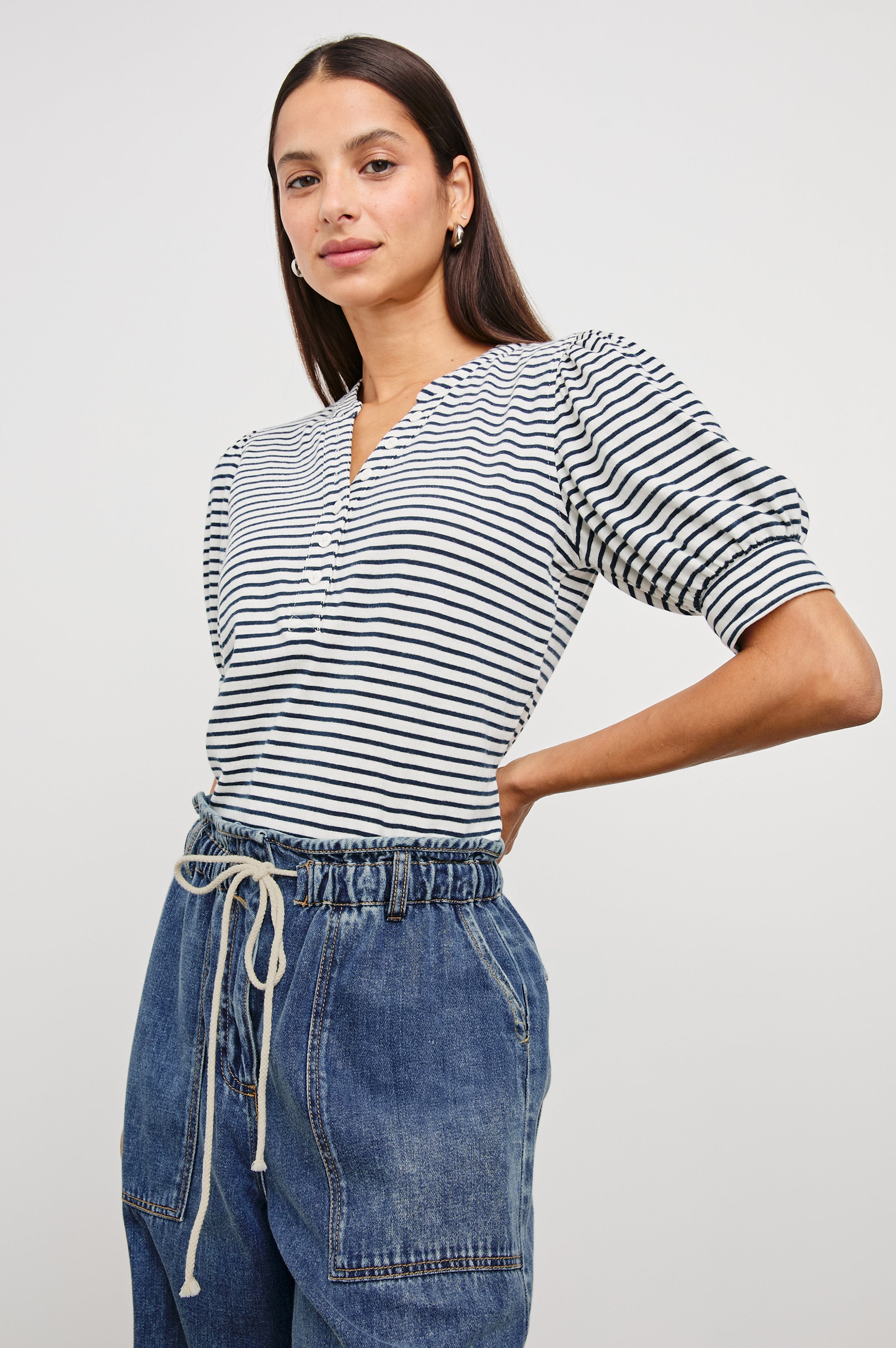 Jewel Top - Ivory Navy Micro Stripe