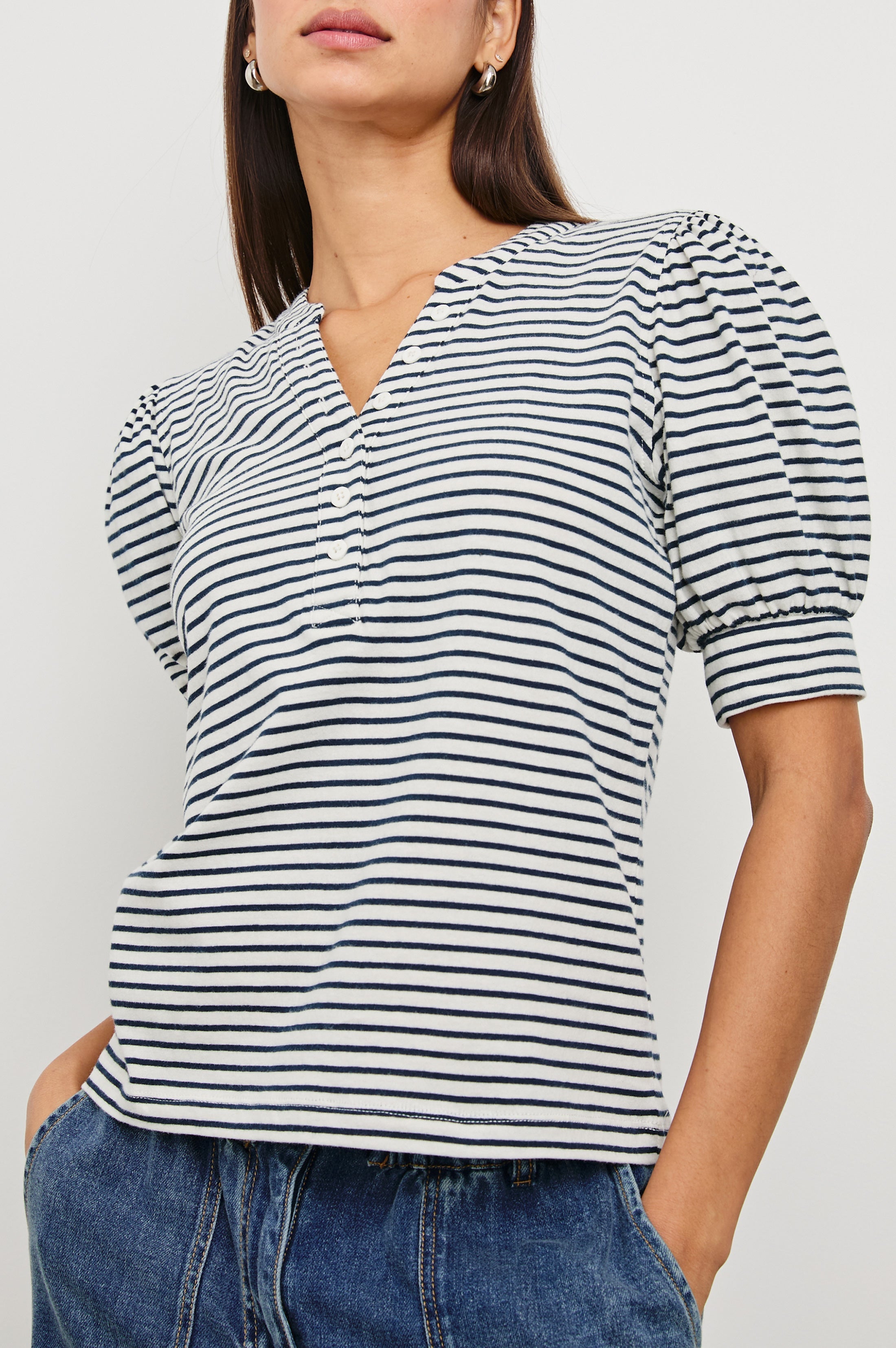 Jewel Top - Ivory Navy Micro Stripe