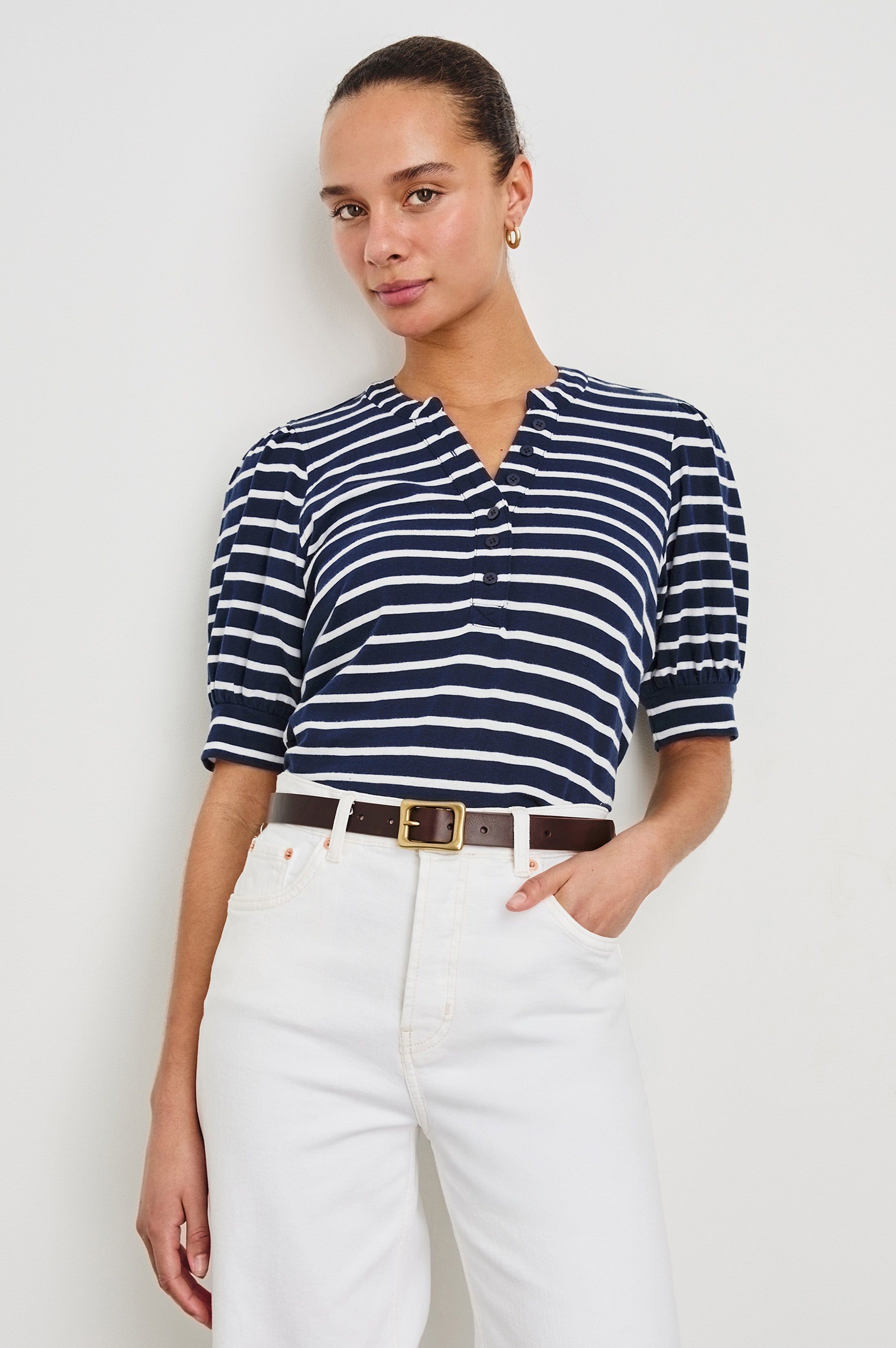 Jewel Top - Navy Ivory Stripe