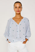 Mariah Top - Bluebell Embroidered Stripe