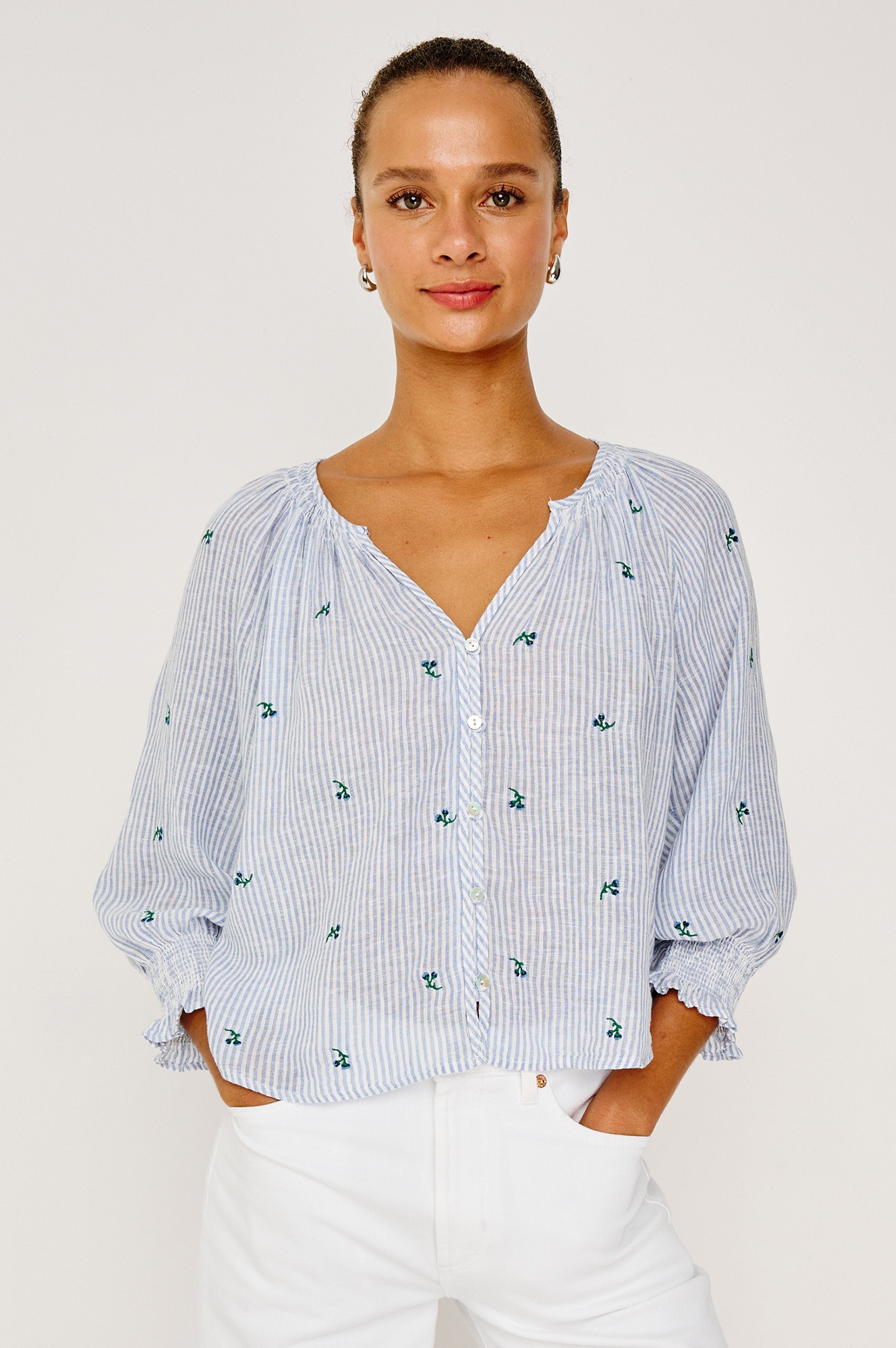 Mariah Top - Bluebell Embroidered Stripe