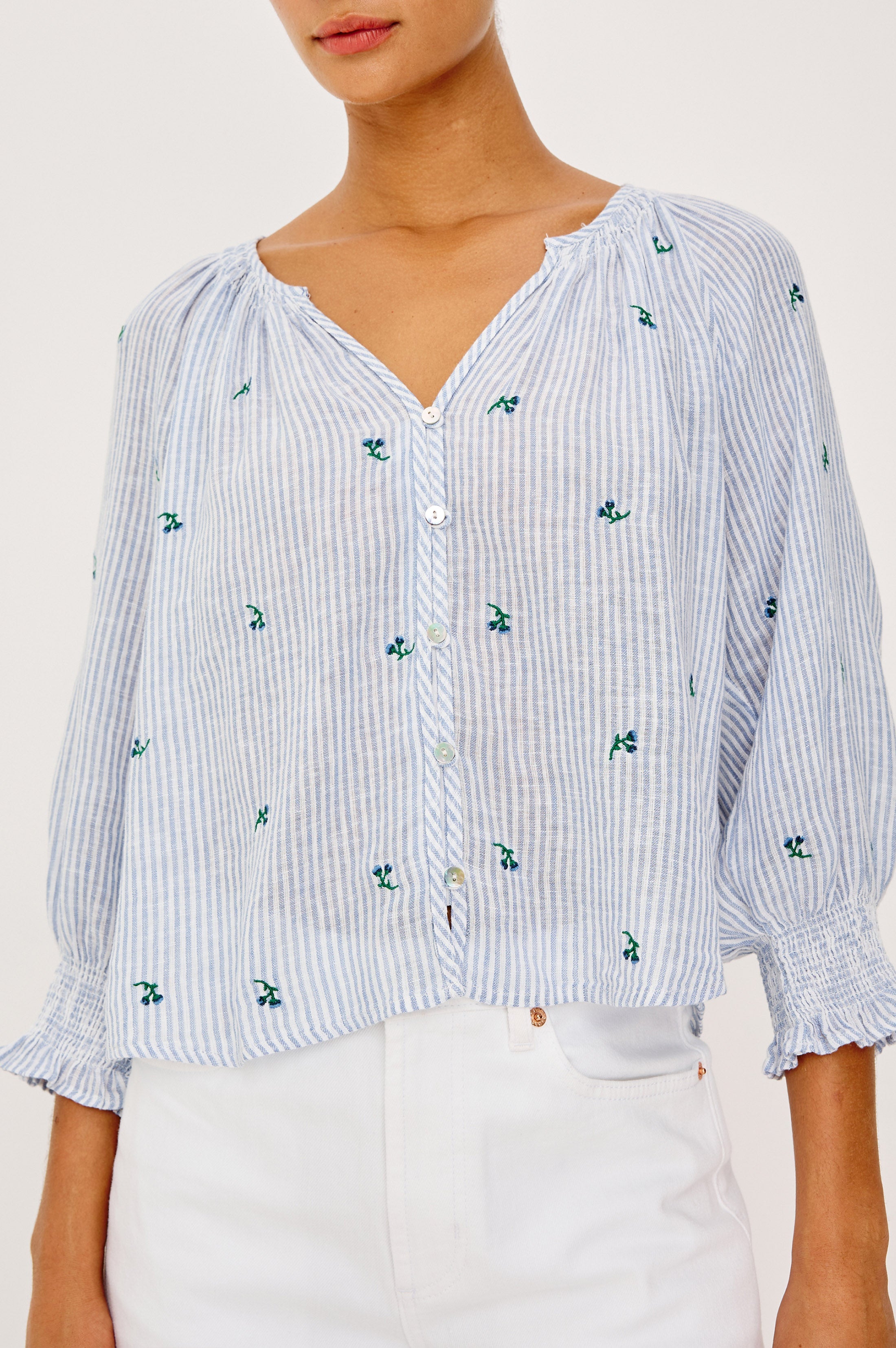 Mariah Top - Bluebell Embroidered Stripe