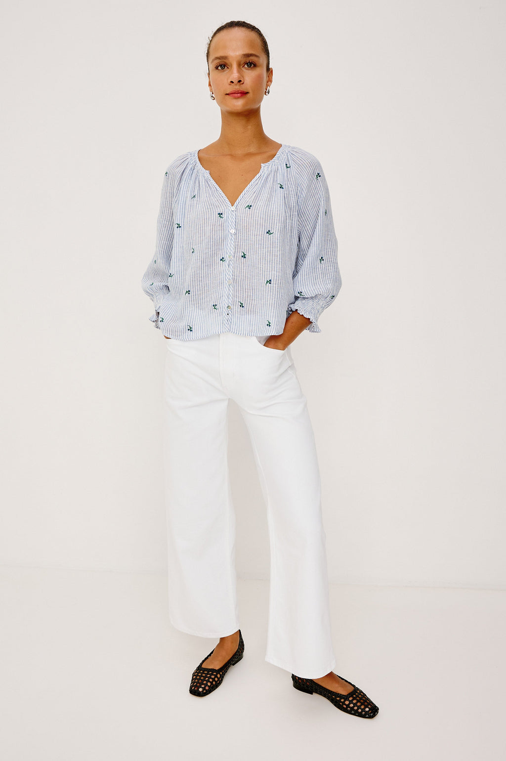 Mariah Top - Bluebell Embroidered Stripe
