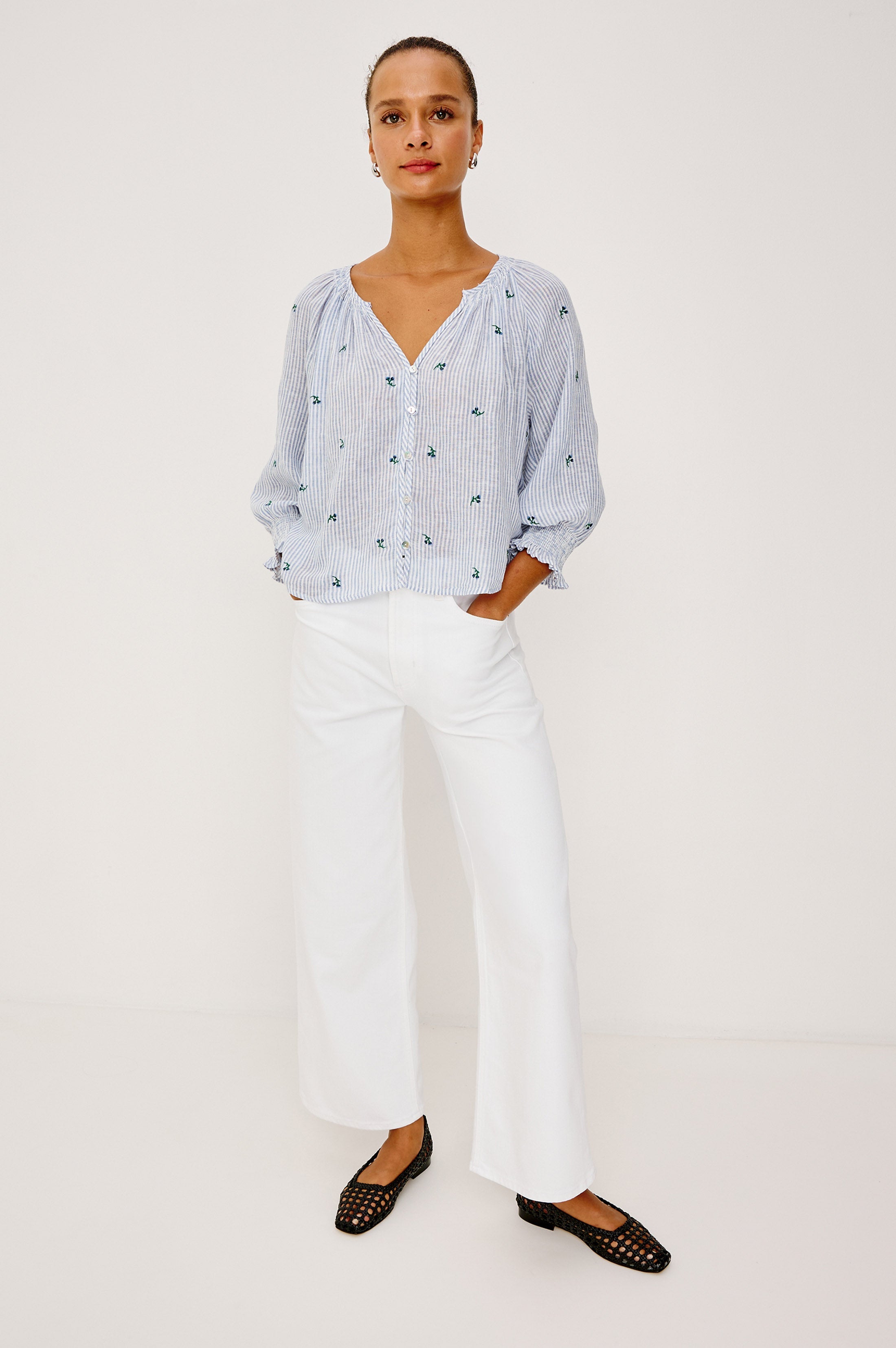 Mariah Top - Bluebell Embroidered Stripe