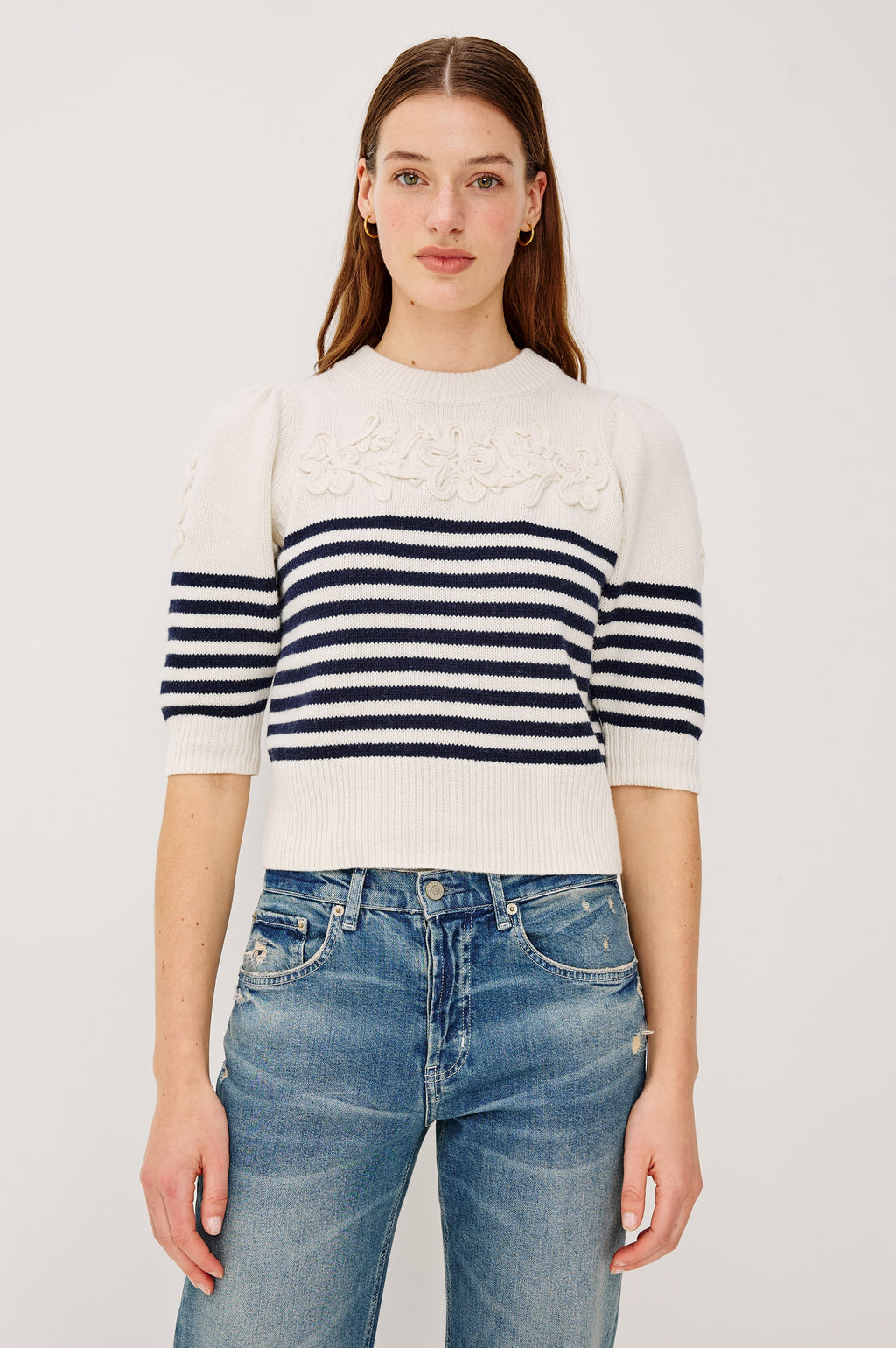Martha Top - Ivory Navy Floral Stripe