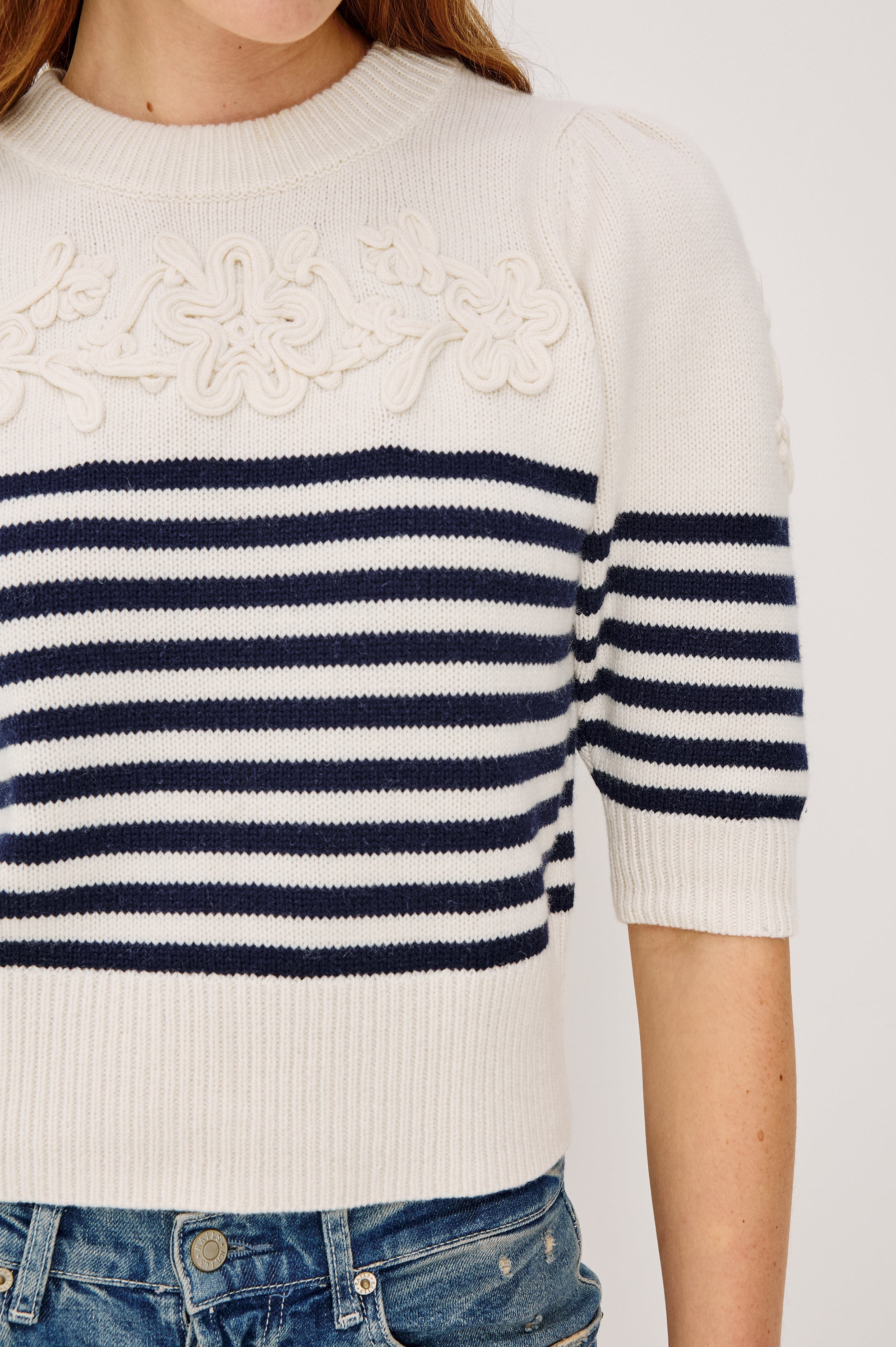 Martha Top - Ivory Navy Floral Stripe