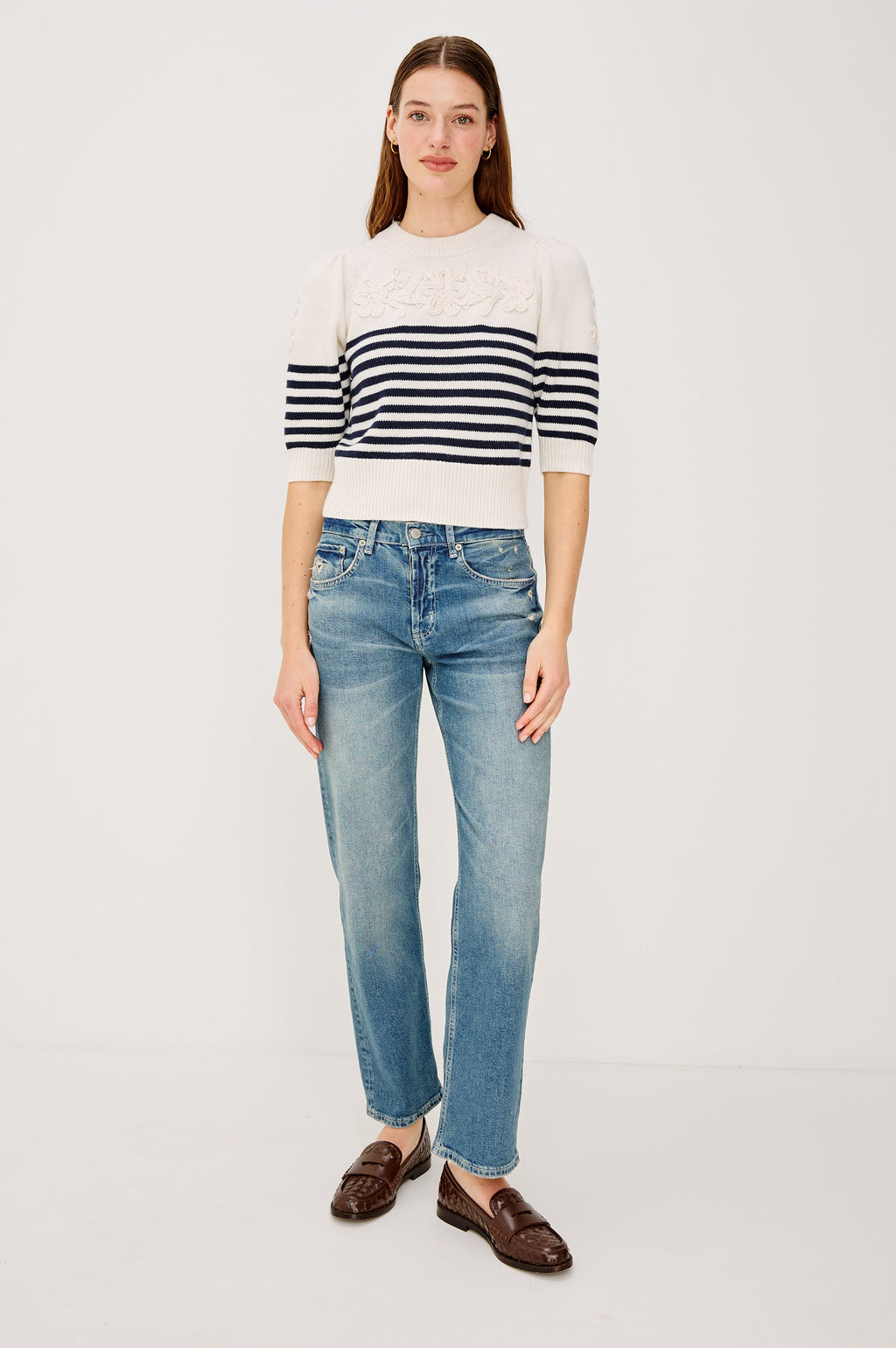 Martha Top - Ivory Navy Floral Stripe