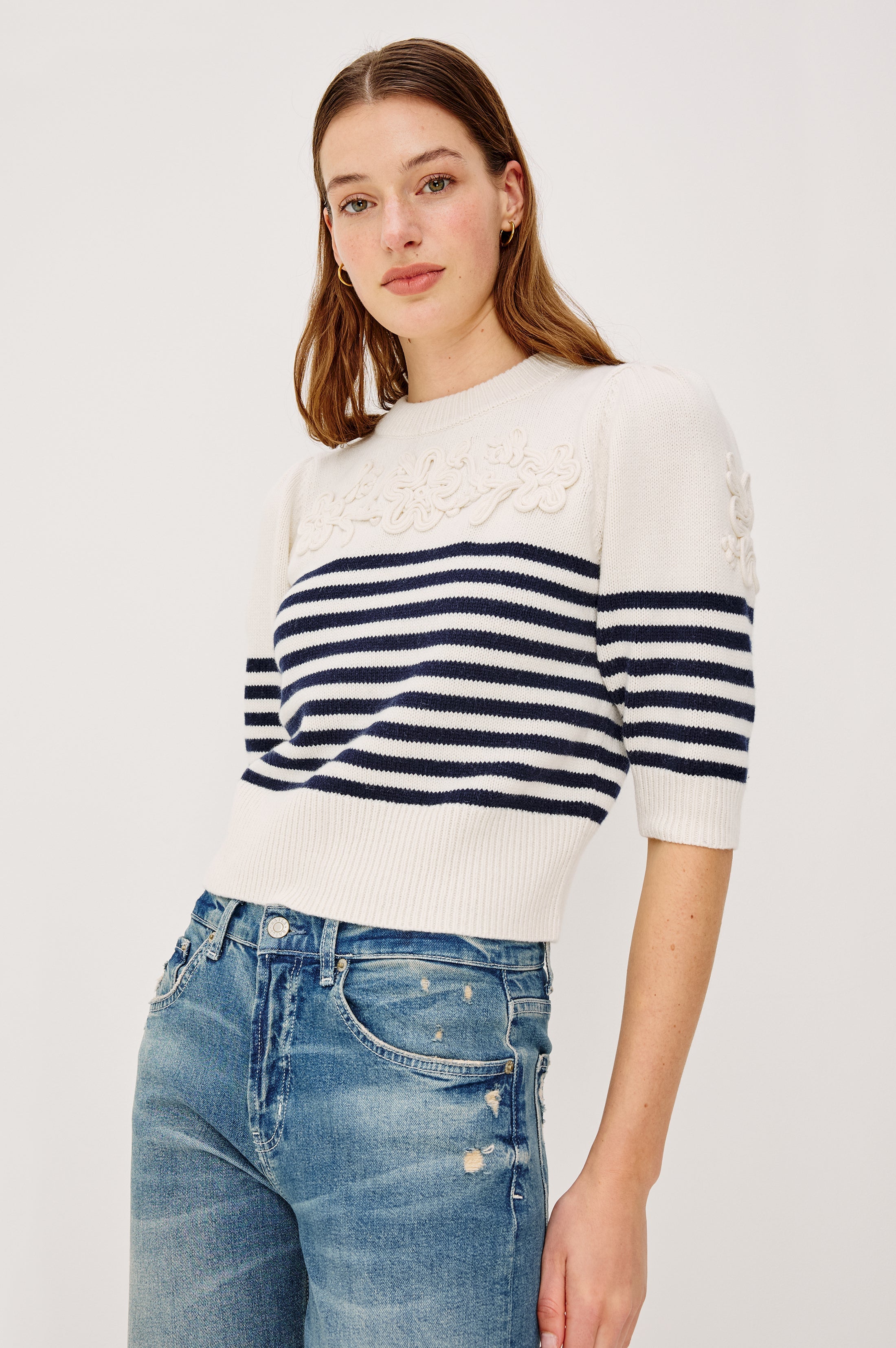 Martha Top - Ivory Navy Floral Stripe