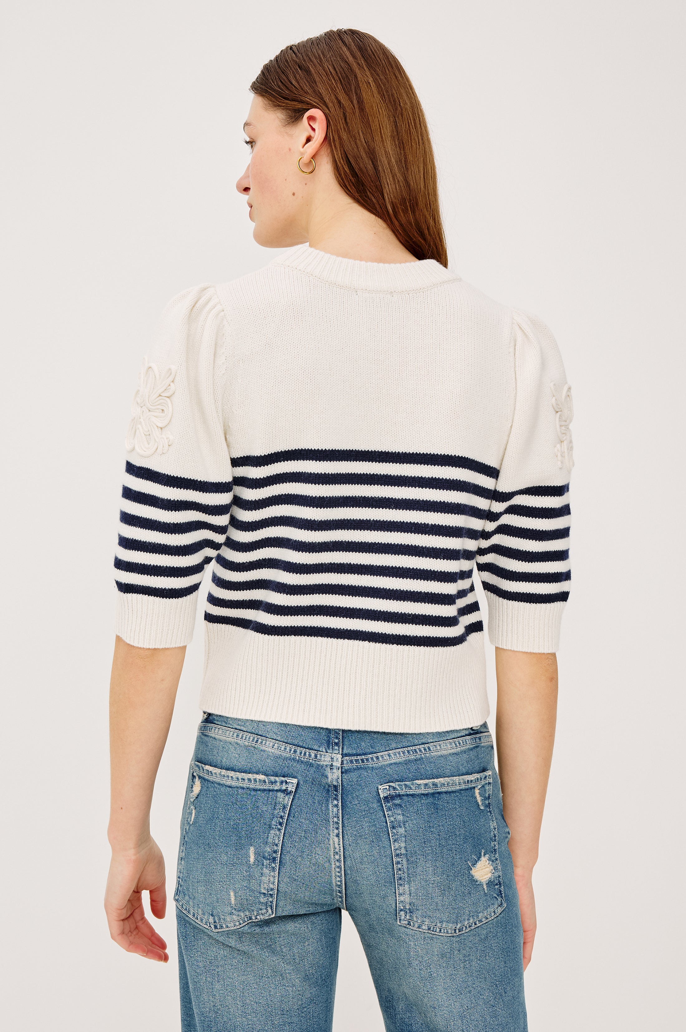 Martha Top - Ivory Navy Floral Stripe