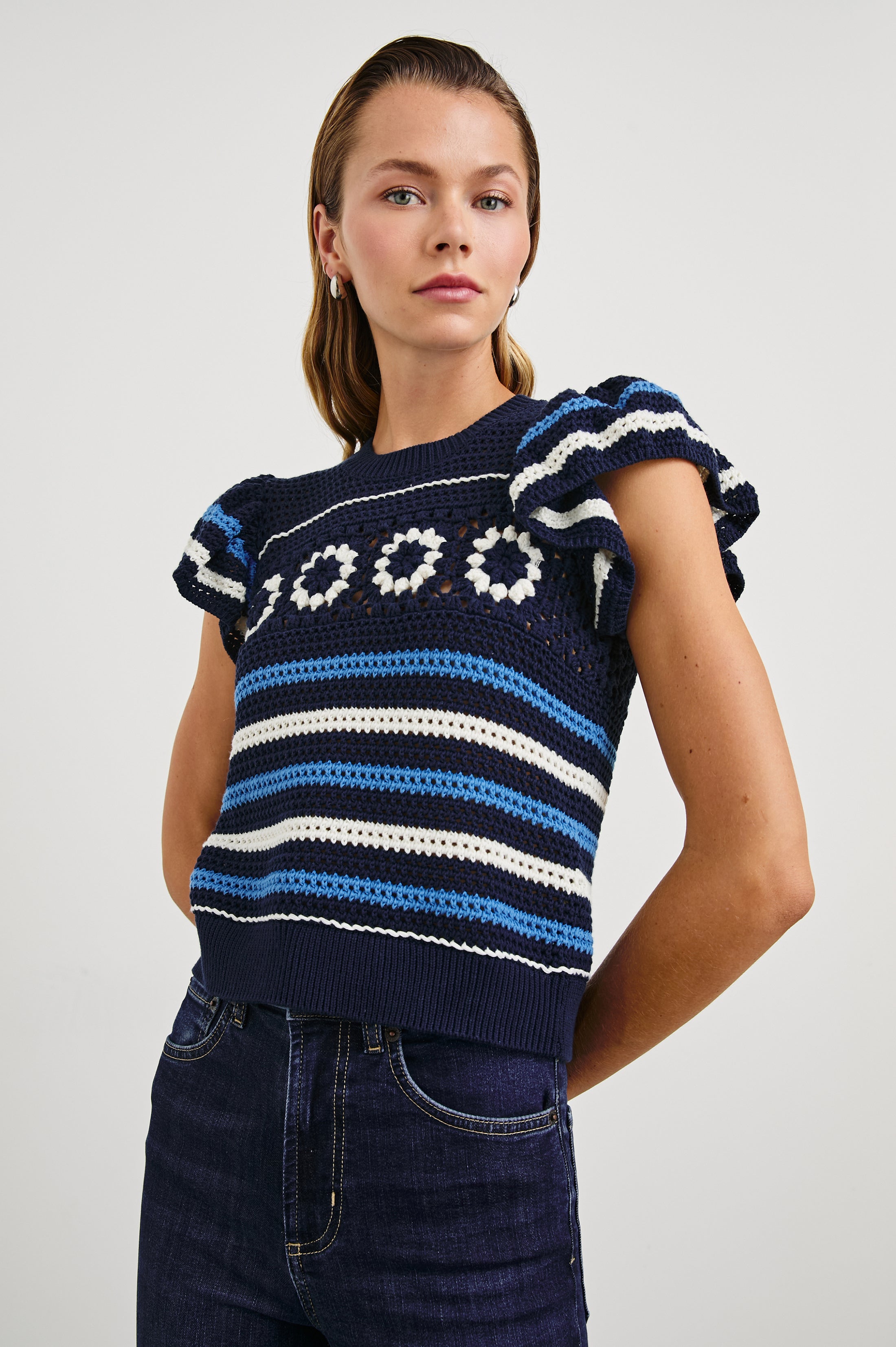 Penelope Top - Navy Sky Crochet Stripe