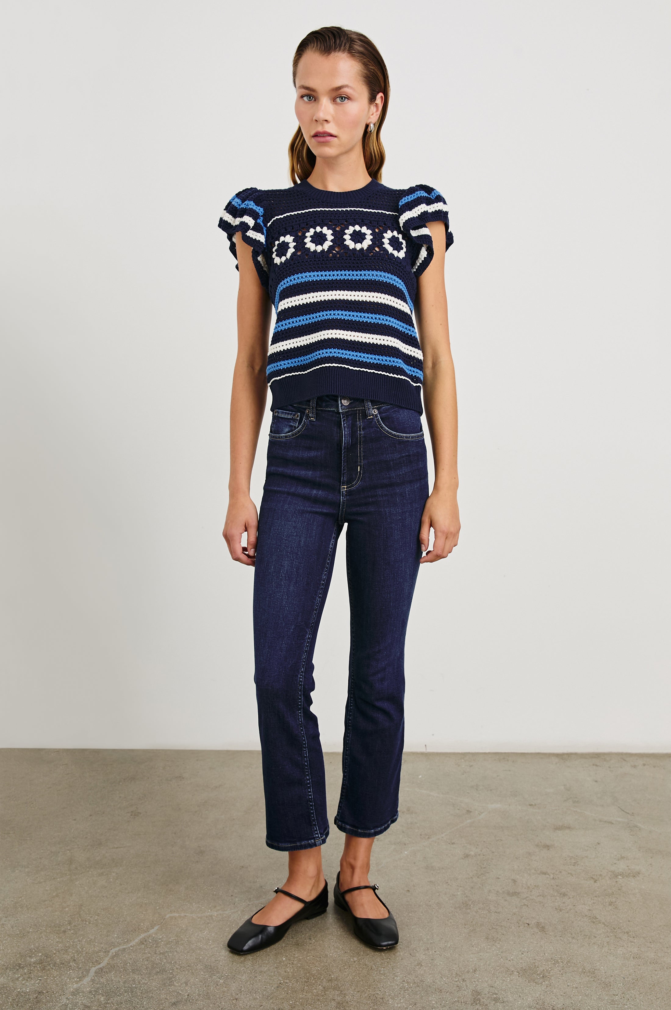 Penelope Top - Navy Sky Crochet Stripe