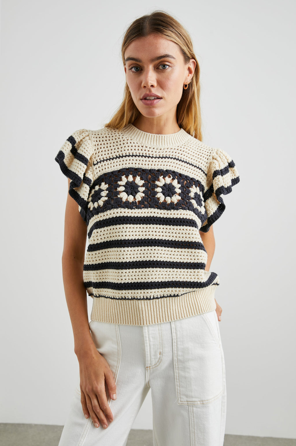 Penelope Top - Oat Navy Crochet Stripe