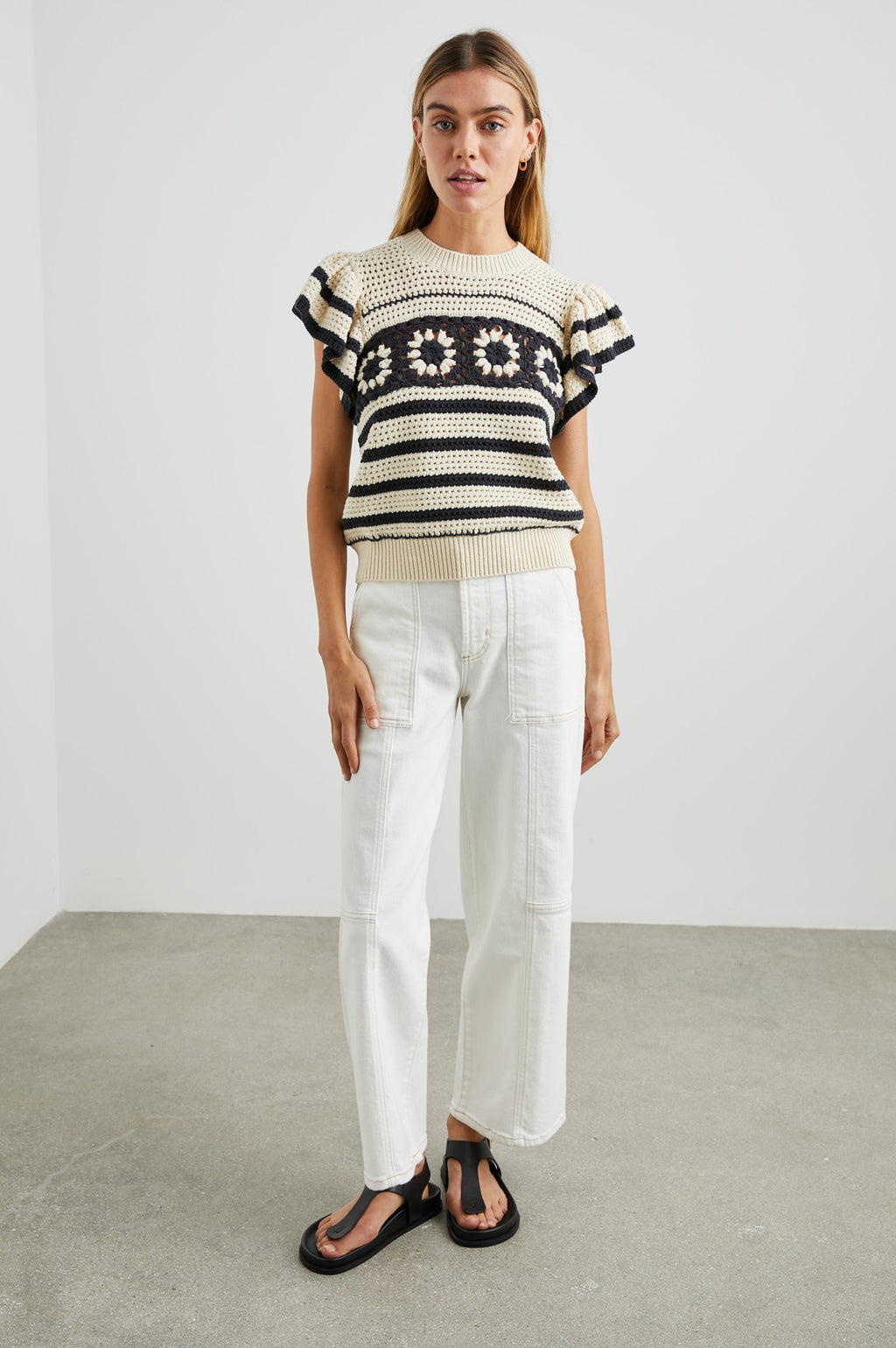 Penelope Top - Oat Navy Crochet Stripe