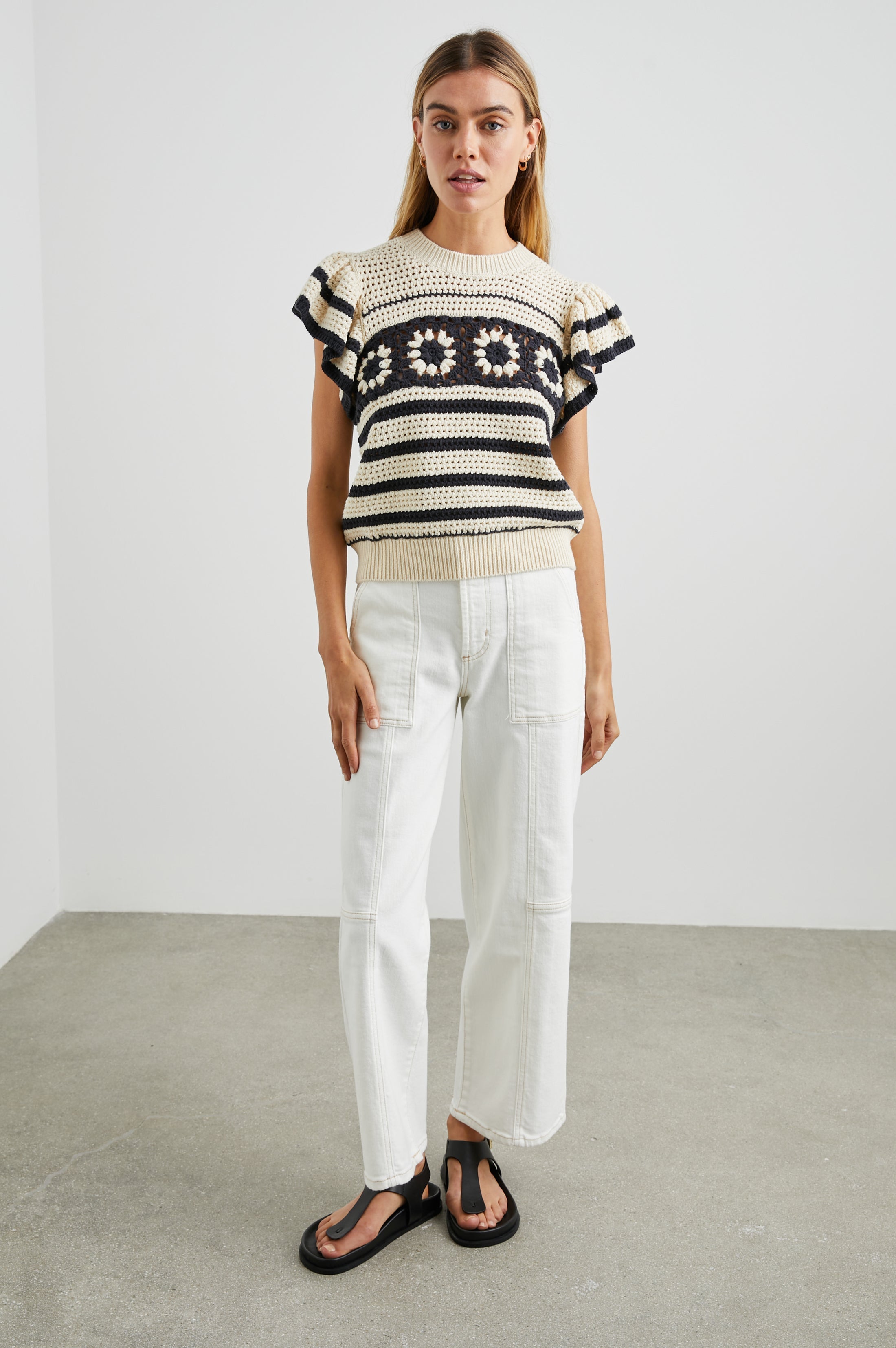 Penelope Top - Oat Navy Crochet Stripe