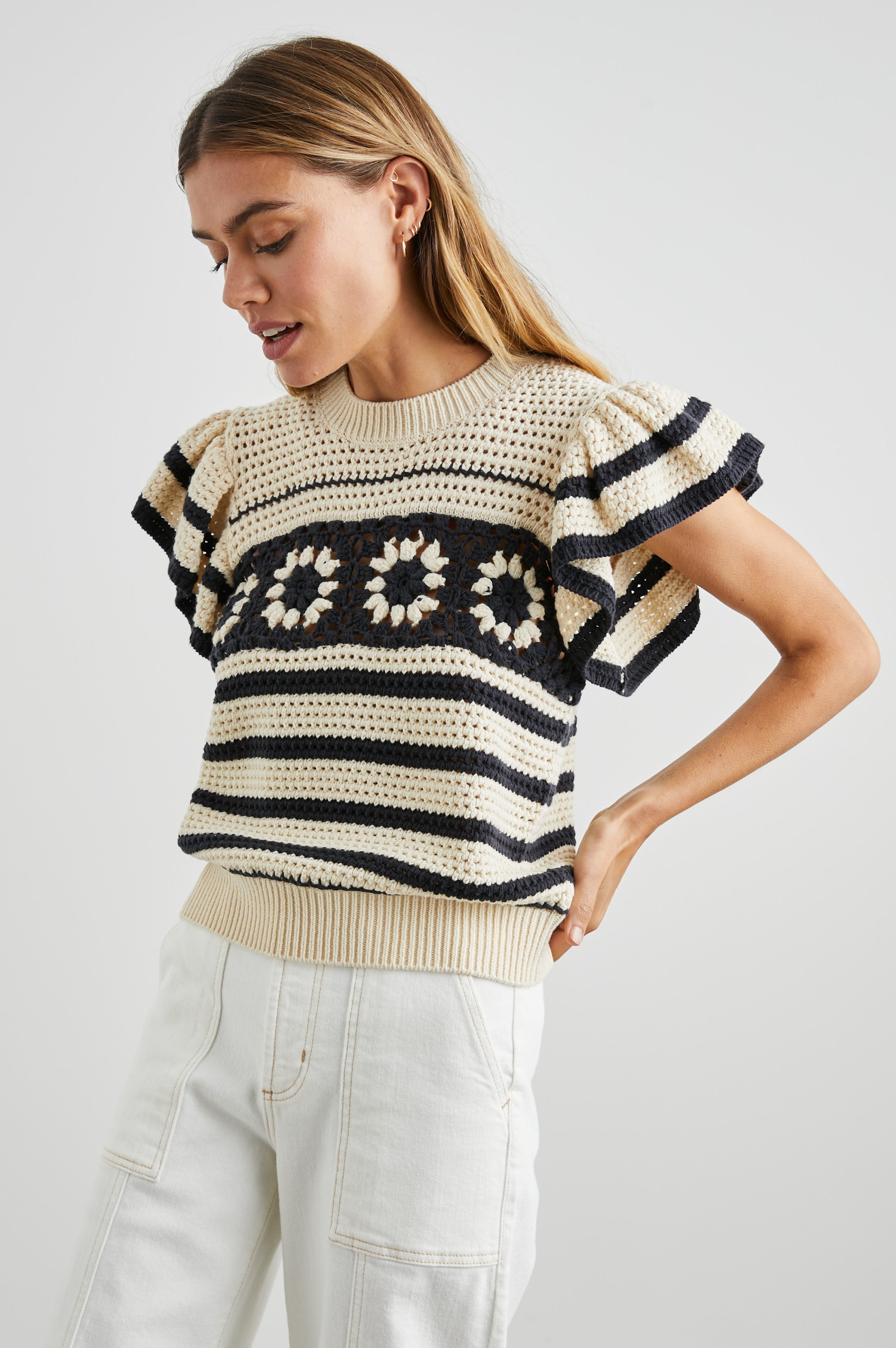 Penelope Top - Oat Navy Crochet Stripe