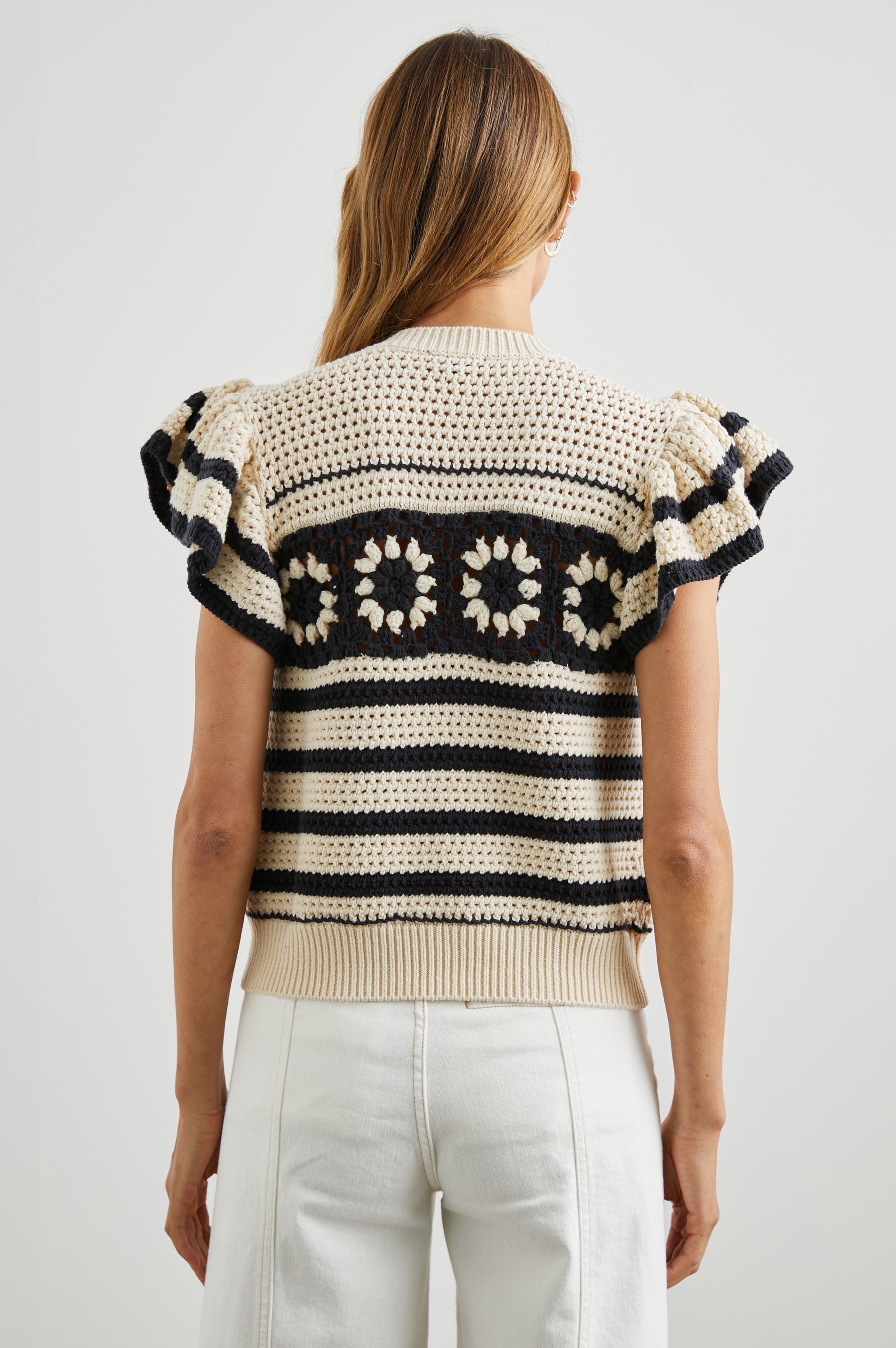 Penelope Top - Oat Navy Crochet Stripe
