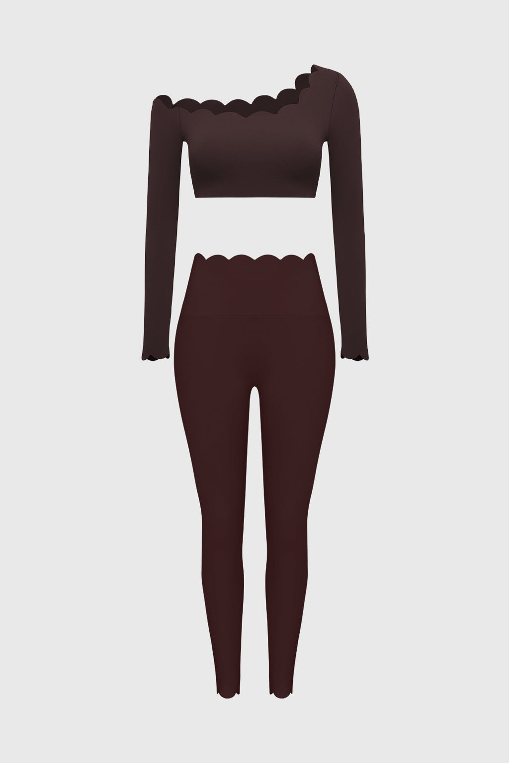 One-shoulder Scallop Long Sleeve Crop Top & High-Waist Scallop Scrunch Legging