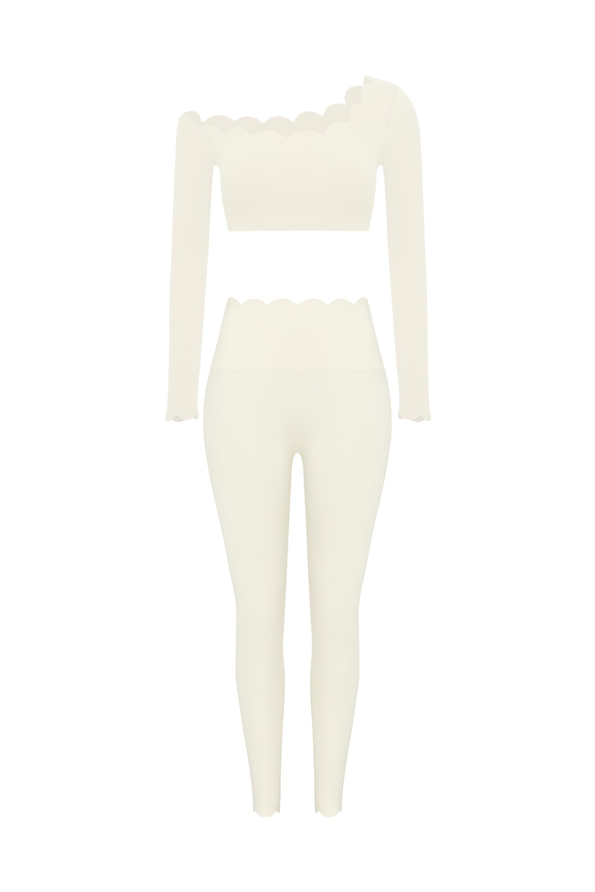 One-shoulder Scallop Long Sleeve Crop Top & High-Waist Scallop Scrunch Legging