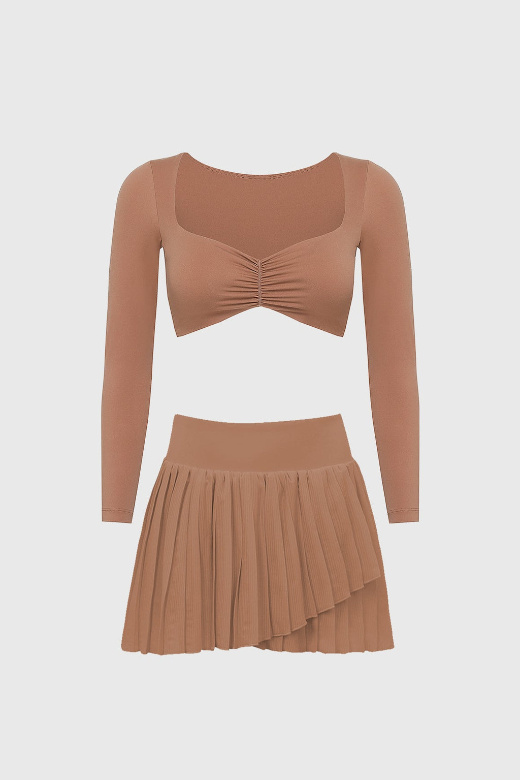 Long Sleeve Ruched Bra & Pleated Skirt