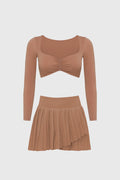 Long Sleeve Ruched Bra & Pleated Skirt