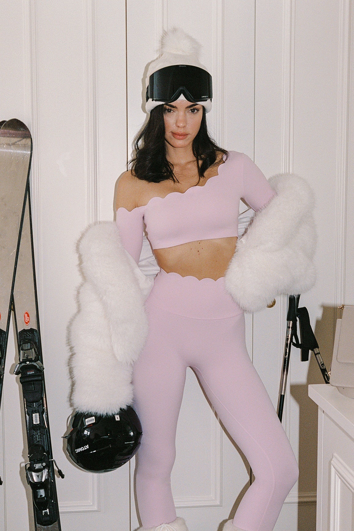 One-shoulder Scallop Long Sleeve Crop Top & High-Waist Scallop Scrunch Legging